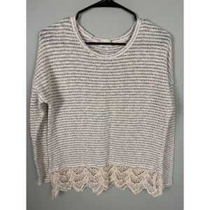 Altar'd State Women's Striped Knit Sweater Lace Hem Cream Gray Boho Size S